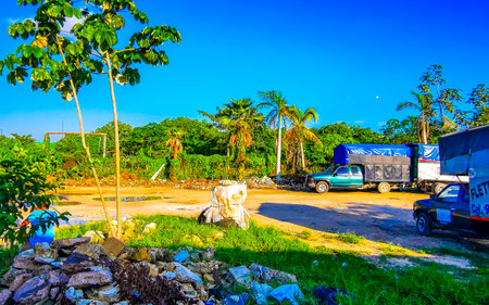 Typical street road and cityscape with cars traffic restaurants shops stores people and buildings of Playa del Carmen in Quintana Roo Mexico.のeditorial素材