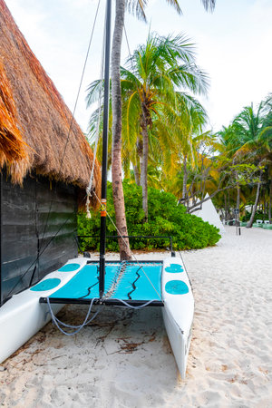 Hire canoes sailboats and pedal boats in Playa del Carmen Quintana Roo Caribbean Mexico.の写真素材