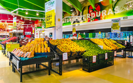 Supermarket from the inside Shelves Goods People Shopping carts Products Aisles in Playa del Carmen Quintana Roo Mexico.のeditorial素材