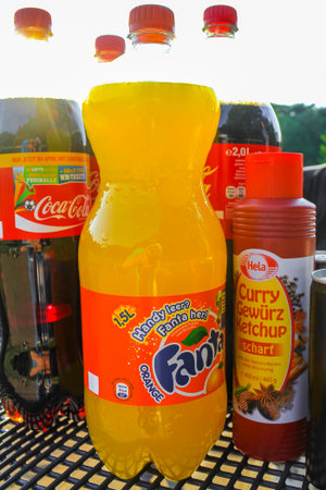 Bremerhaven Bremen Germany July 27, 2010 Bottles of Coca Cola Fanta and Spice Ketchup in...