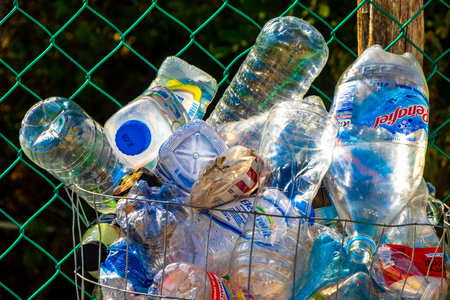 Playa del Carmen Quintana Roo Mexico August 5, 2023 Plastic bottle collection garbage can bin for recycling in Playa del Carmen Quintana Roo Mexico.のeditorial素材