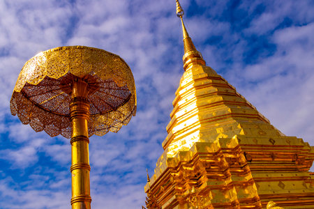 Golden gold stupa pagoda Wat Phra That Doi Suthep temple temples building in Chiang Mai Amphoe Mueang Chiang Mai Thailand in Southeastasia Asia.の写真素材