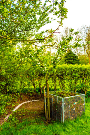 Green Garden with trees plants hut compost beds lawn and barbecue area in Leherheide Bremerhaven...