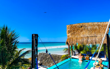 Holbox Quintana Roo Mexico May 16, 2022 Rooftop bar with pool and panoramic view to the beach and sandbank with turquoise water on Isla Holbox island in Quintana Roo Mexico.のeditorial素材