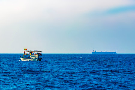 Mirissa Beach Southern Province Sri Lanka March 19, 2018 Boat trip catamaran ship tour blue whale...