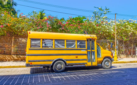 Puerto Escondido Oaxaca Mexico February 04, 2023 Various colorful school bus schoolbus choach buses travel tour bus and transportation in Zicatela Puerto Escondido Oaxaca Mexico.のeditorial素材