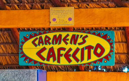 Blue and white sign restaurant name El Cafecito in Zicatela Puerto Escondido Mexico.のeditorial素材