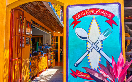Puerto Escondido Oaxaca Mexico February 01, 2023 The famous restaurant and cafe Dans Cafe Deluxe with people building and inside in Zicatela Puerto Escondido Oaxaca Mexico.のeditorial素材