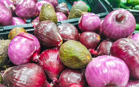 Onions onion red purple and white vegetables on the market in Zicatela Puerto Escondido Oaxaca...