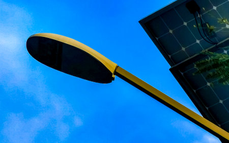 Streetlights LED light illumination with blue sky in Zicatela Puerto Escondido Oaxaca Mexico.の写真素材