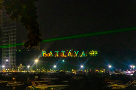 Pattaya Chon Buri Thailand 25. October 2018 Colorful city and Pattaya sign name lettering with lights at night in Pattaya Bang Lamung Amphoe Chon Buri Thailand in Southeastasia Asia.のeditorial素材
