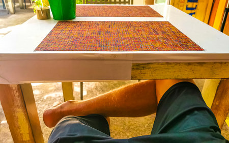 Interior of a restaurant bar with tables chairs decoration desk and plants in Playa del Carmen Quintana Roo Mexico.のeditorial素材