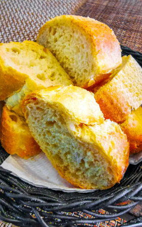 Bread in basket on wooden table dish meal food and drink in the restaurant PapaCharly Papa Charly in...