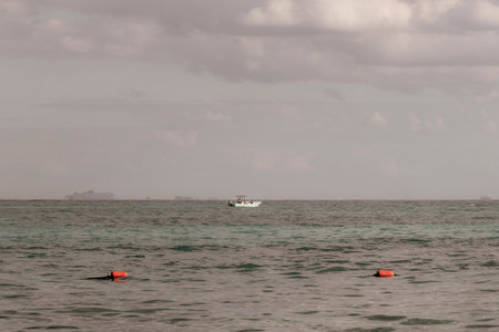 Amazing tropical Mexican Caribbean sea and beach landscape panorama view with boat boats yacht...