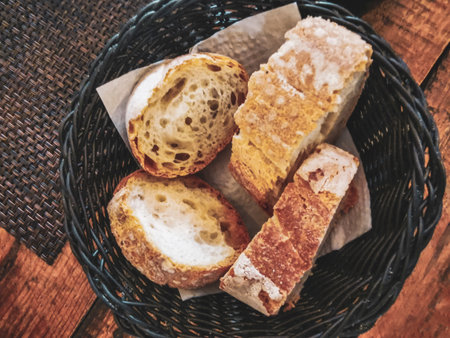 Bread in basket on wooden table dish meal food and drink in the restaurant PapaCharly Papa Charly in...
