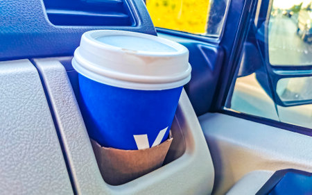 Coffee to take away to go and drive in the car in Playa del Carmen Quintana Roo Mexico.の写真素材