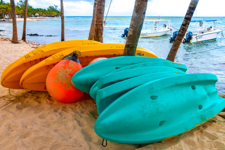 Hire canoes sailboats and pedal boats in Playa del Carmen Quintana Roo Caribbean Mexico.の写真素材