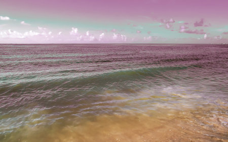 Amazing tropical Mexican Caribbean beach and sea landscape panorama with clear turquoise blue water waves and white sand.の写真素材