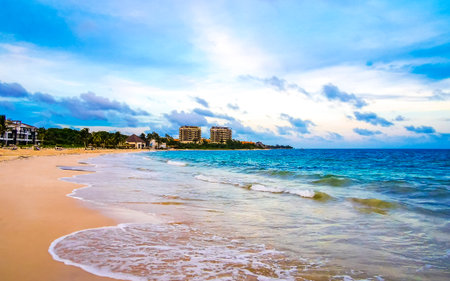 Amazing tropical Mexican Caribbean beach and sea landscape panorama with clear turquoise blue water waves in Playa del Carmen Mexico.の写真素材