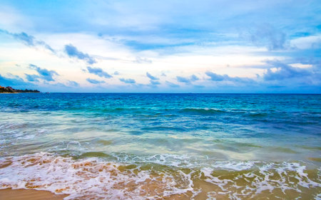 Amazing tropical Mexican Caribbean beach and sea landscape panorama with clear turquoise blue water waves in Playa del Carmen Mexico.の写真素材