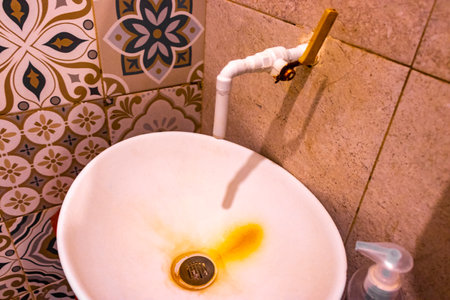 Stylish decorative faucet and washbasin in the bathroom.の写真素材