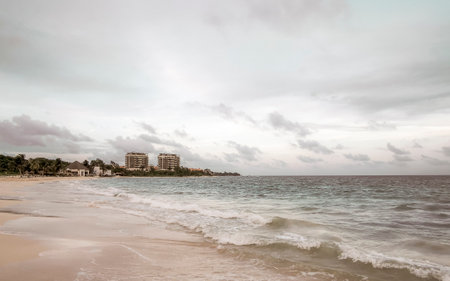 Amazing tropical Mexican Caribbean beach and sea landscape panorama with clear turquoise blue water waves in Playa del Carmen Mexico.の写真素材