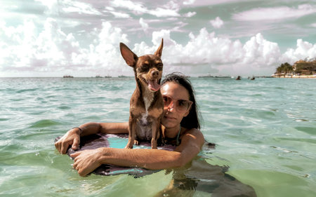 Sexy lady girl pretty woman poses with her little dog on a surfboard on the tropical Mexican Caribbean beach in Playa del Carmen Quintana Roo Mexico.の写真素材