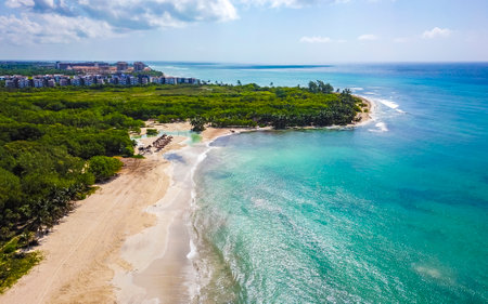 Punta Esmeralda with Caribbean beach coral reef and sea seascape panorama with turquoise green and blue water in Playa del Carmen Quintana Roo Mexico.の写真素材