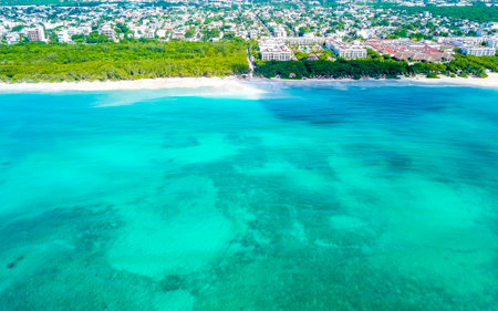 Coral reef sea seascape jungle tropical and Caribbean beach and city panorama cityscape with turquoise green and blue water in Playa del Carmen Quintana Roo Mexico.の写真素材