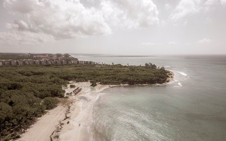 Punta Esmeralda with Caribbean beach coral reef and sea seascape panorama with turquoise green and blue water in Playa del Carmen Quintana Roo Mexico.の写真素材
