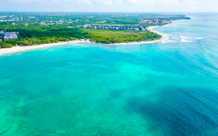 Coral reef sea seascape jungle tropical and Caribbean beach and city panorama cityscape with turquoise green and blue water in Playa del Carmen Quintana Roo Mexico.の写真素材
