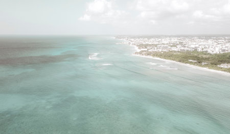Coral reef sea seascape and Caribbean beach panorama with turquoise green and blue water in Playa del Carmen Quintana Roo Mexico.の写真素材