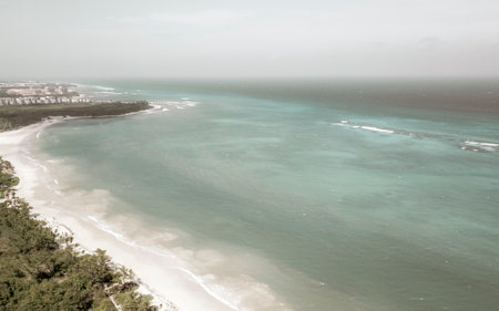 Punta Esmeralda with Caribbean beach coral reef and sea seascape panorama with turquoise green and blue water in Playa del Carmen Quintana Roo Mexico.の写真素材