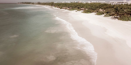 Caribbean beach panorama with turquoise green and blue water in Playa del Carmen Quintana Roo Mexico.の写真素材
