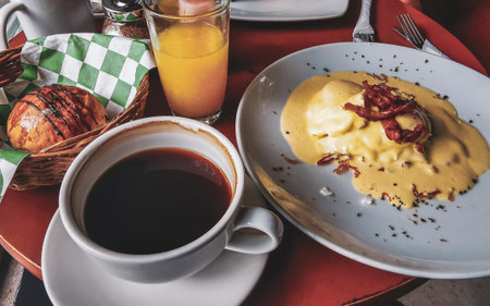 Mexican breakfast with scrambled eggs with toast slices on white plate in Playa del Carmen Quintana Roo Mexico.の写真素材