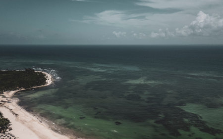 Punta Esmeralda with Caribbean beach coral reef and sea seascape panorama with turquoise green and blue water in Playa del Carmen Quintana Roo Mexico.の写真素材