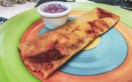 Mexican food tamales on a plate with onions in Playa del Carmen Quintana Roo Mexico.