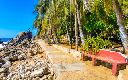Beautiful scenic view panorama of the rocky shore landscape of Puerto Escondido and Zicatela Oaxaca Mexico.の写真素材