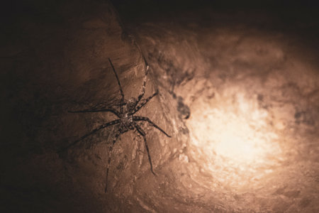 Cave with Laotian giant crab spider Huntsman spider with glowing eyes in Vang Vieng Vientiane...