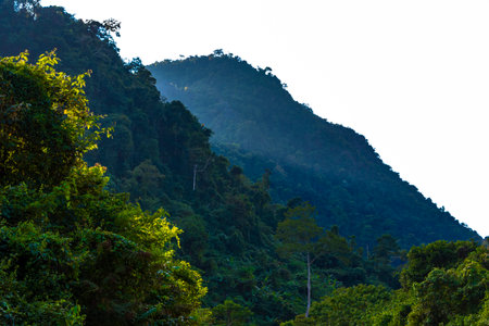 Mountain peak landscape with tropical forest jungle hills rocks and blue sky in Vang Vieng Vientiane...