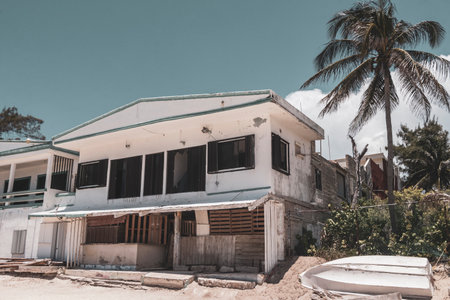 House building at the tropical Caribbean beach in Playa del Carmen Quintana Roo Mexico.の写真素材