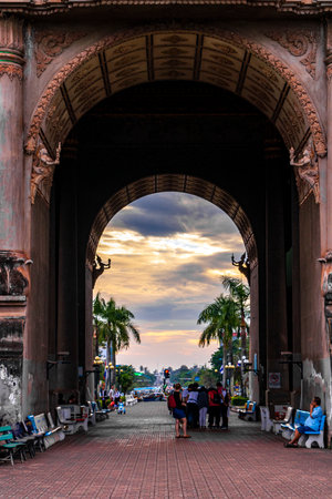 Patuxai Patuxay Triumphal Arch victory gate and monument with city park in Vientiane Laos in Southeastasia Asia.の写真素材