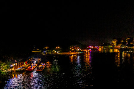 Nam Song Xong river at night in Vang Vieng Vientiane Province Laos in Southeastasia Asia.の写真素材
