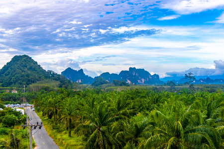 Nature mountains tropical jungle forest limestone cliffs panorama and the village town Ao Nang Amphoe Mueang Krabi Thailand in Southeast Asia.の写真素材