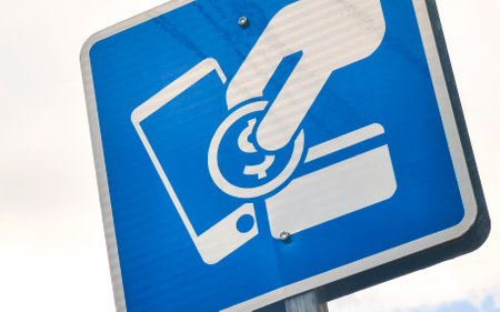 Traffic sign for parking space payment request in Playa del Carmen Quintana Roo Mexico.の写真素材