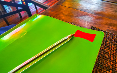 Green notebook with ballpoint pen on wooden table in Playa del Carmen Quintana Roo Mexico.の写真素材