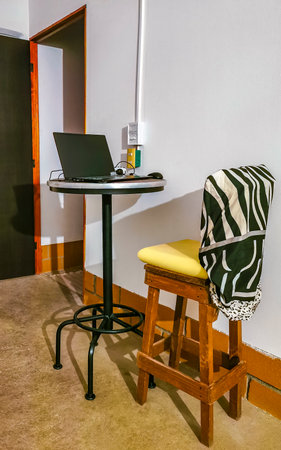 Laptop on the table ready to work for digital nomad in Zicatela Puerto Escondido Oaxaca Mexico.の写真素材