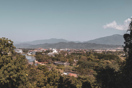 Mountain peak landscape with tropical forest jungle hills rocks and Nam Song river lake water in Vang Vieng Vientiane Province Laos in Southeastasia Asia.の写真素材