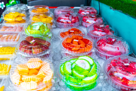 Guava watermelon papaya pineapple apple on market on Koh Phi Phi Don island in Ao Nang Amphoe Mueang Krabi Thailand in Southeast Asia.の写真素材