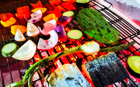 Grill party grill vegetables onions eggplant and nopal in Playa del Carmen Quintana Roo Mexico.の写真素材